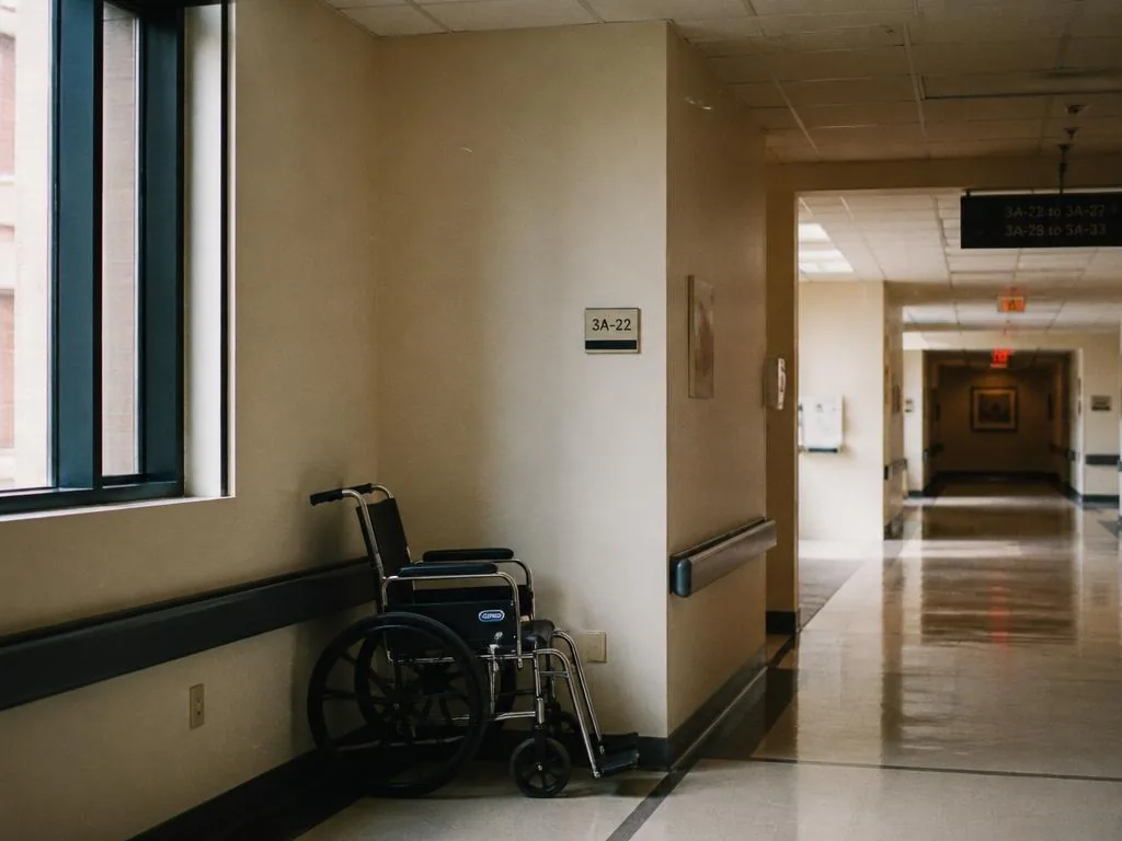Quiet hospital hallway with soft daylight