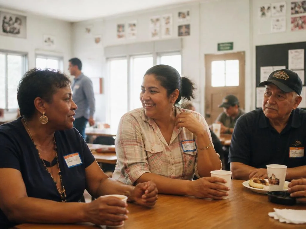 Small group of adults sharing coffee around a table