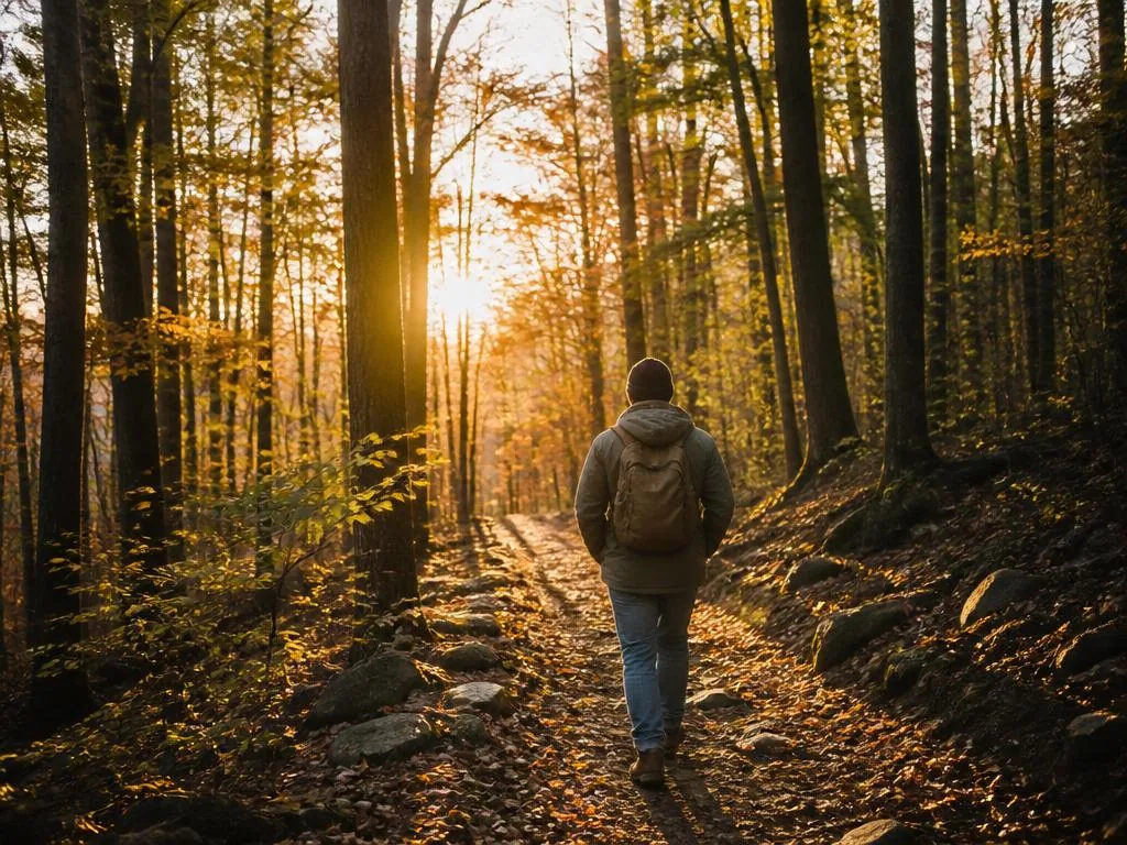Person walking a forest trail at sunrise