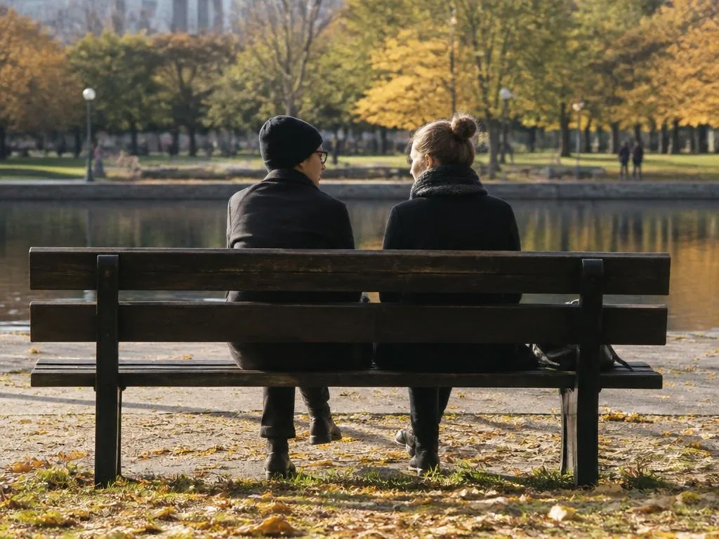 Two people sitting together on a park bench in autumn
